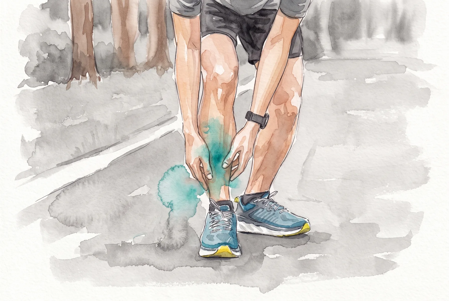 Watercolour treatment of Runner gripping the shin