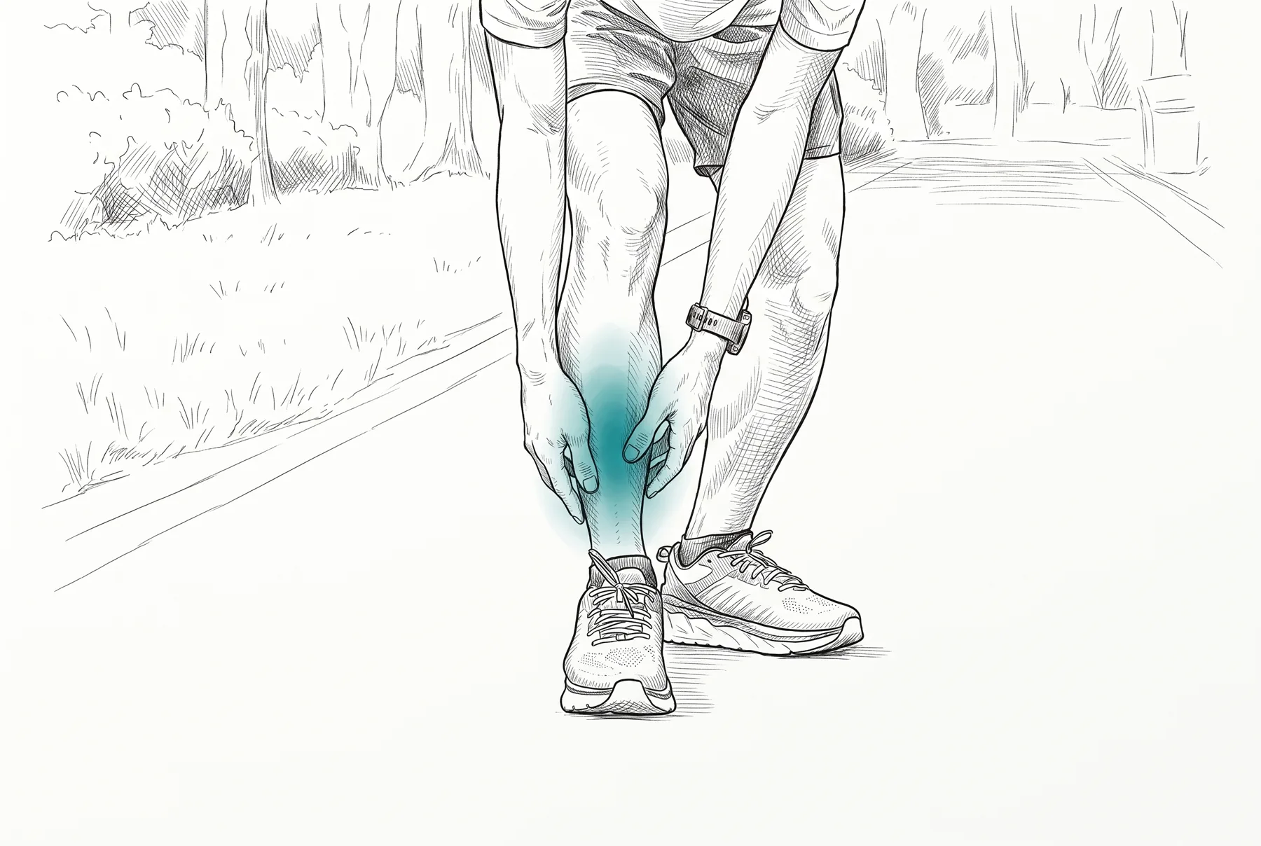 Fine pen & ink treatment of Runner gripping the shin