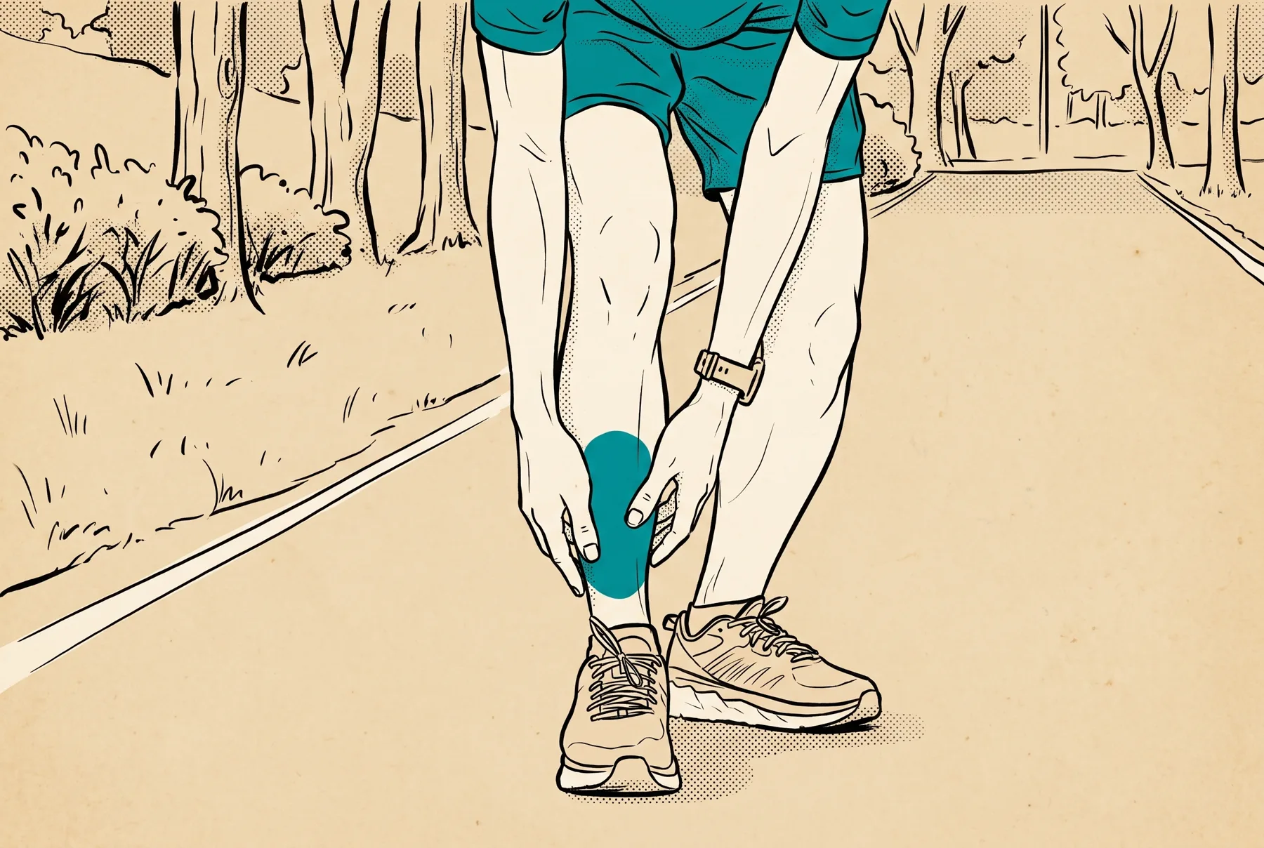 Retro ink treatment of Runner gripping the shin