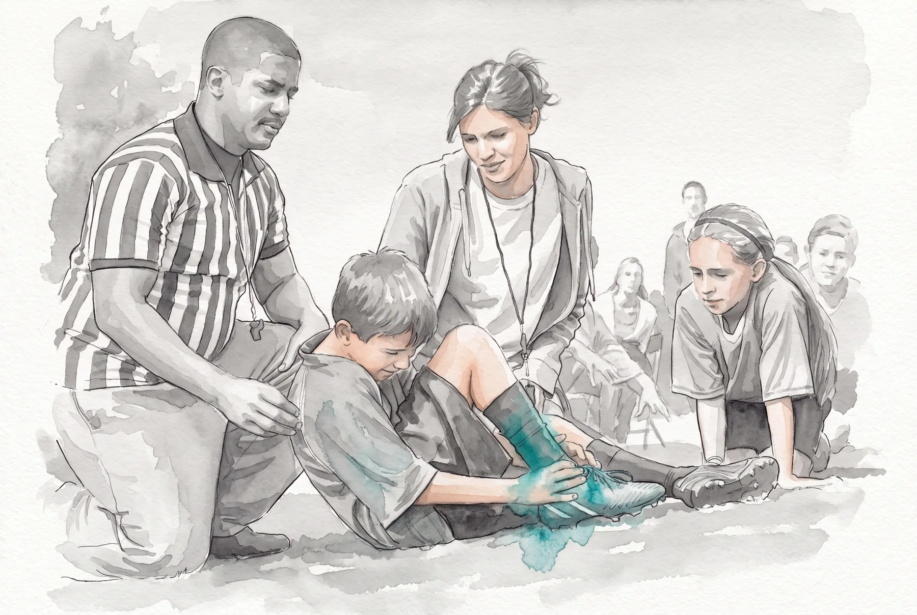Watercolour treatment of Sideline injury on the field