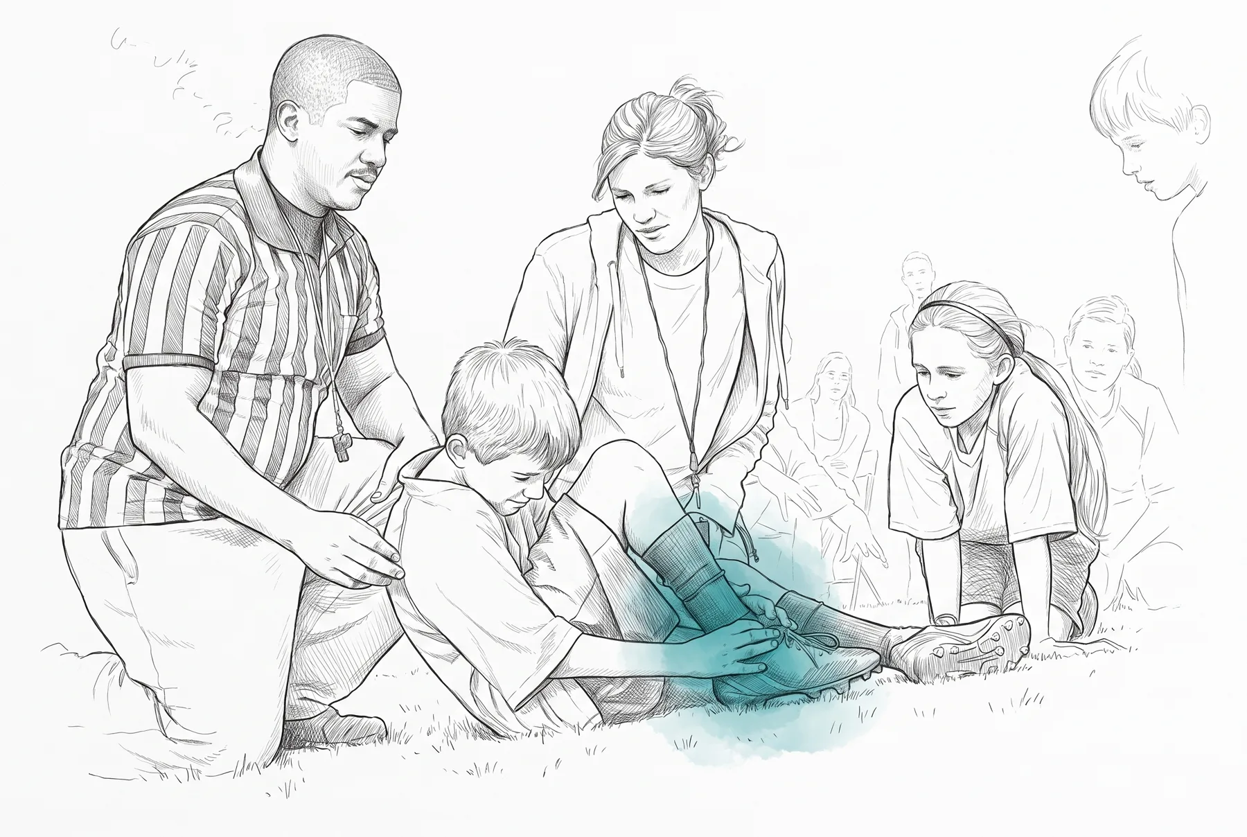 Fine pen & ink treatment of Sideline injury on the field