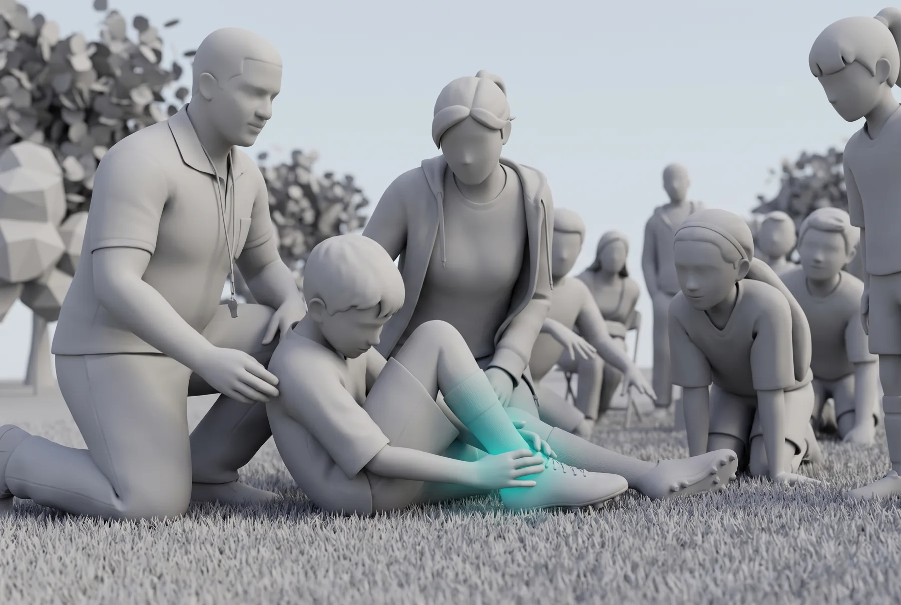 3D render treatment of Sideline injury on the field