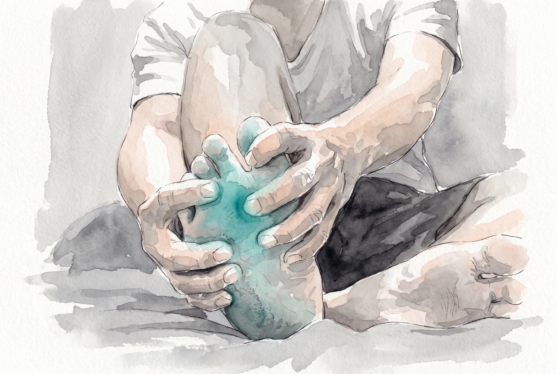 Watercolour treatment of Forefoot pain, hands gripping